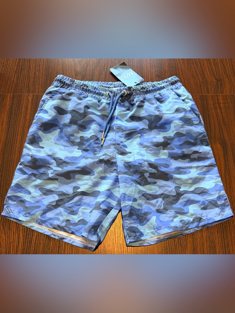 NWT BoohooMAN Mens Multi Blue Camo Swim Trunks Mid Length Shorts Size S
